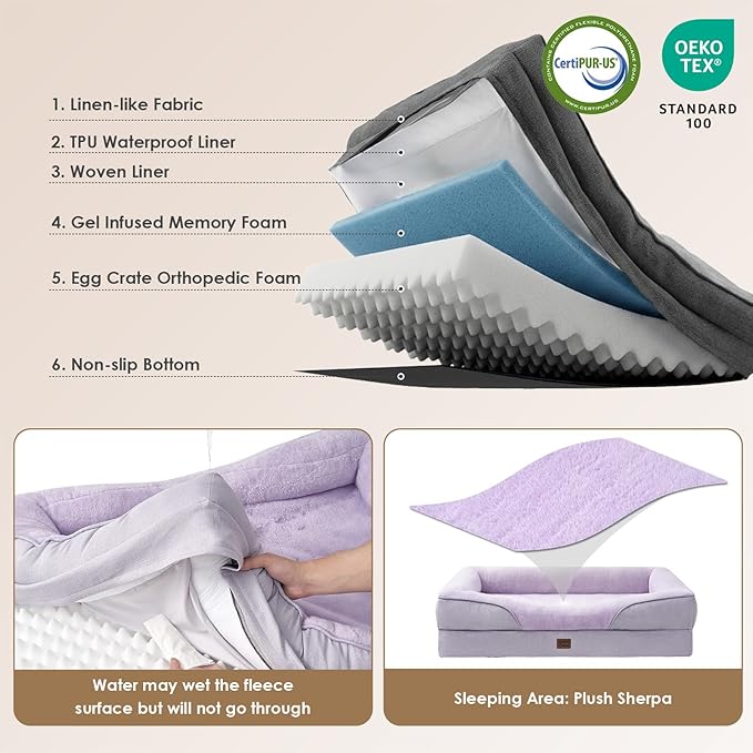 EHEYCIGA Orthopedic Dog Bed for Large Sized Dog, 41x27 Inch Large Memory Foam Dog Couch Bed with Sides, Waterproof Liner & Washable Removable Cover, Bolster Pet Sofa, Purple