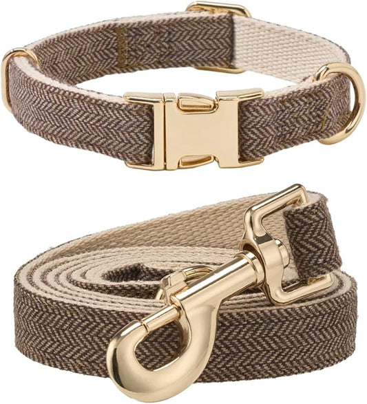 Soft Dog Collar and Leash Set Adjustable Woven Tweed Dog Collars with Metal Buckle and Lead for Small Medium Large Dogs,Coffee
