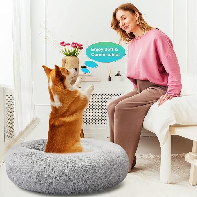 SAVFOX 30 inches Calming Donut Dog Bed - 3X Durable Plush Faux Fur, Machine Washable & Non-Slip, Fits up to 45 lbs, Light Grey