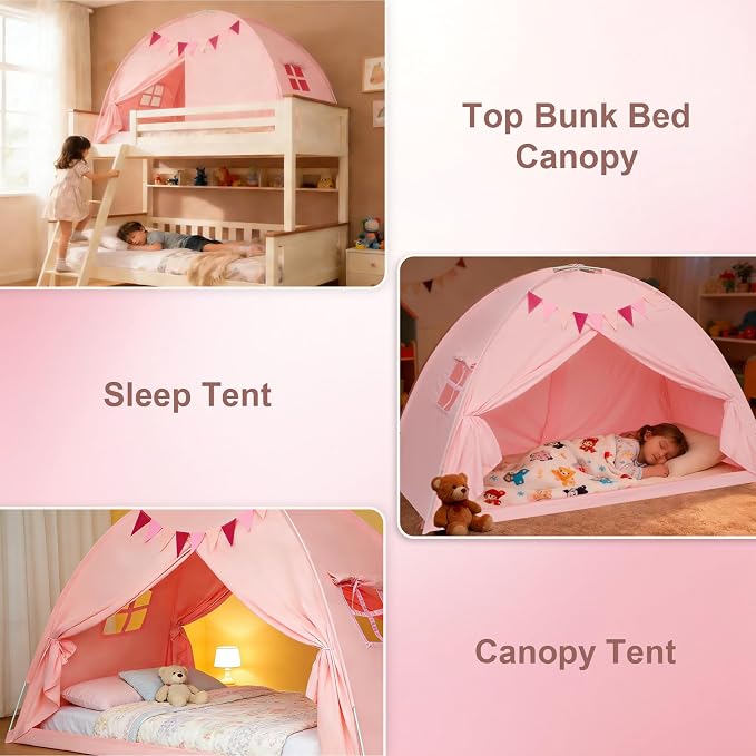 Full Bed Tent Canopy, Indoor Blackout Privacy Toddler Bed Tent for Kids with Light, Portable Sleeping Floor Kids Playhouse (Pink, Full Size)