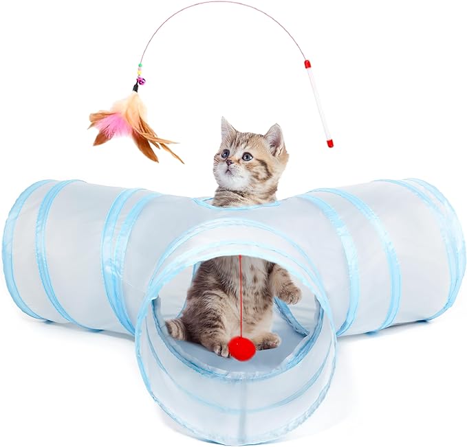 Tempcore Cat Tunnel for Indoor Cats, 3 Way Collapsible Pet Play Tunnel with Teaser Wand, Peek Holes & Hanging Ball, Interactive Tube for Kittens & Rabbits, Light Grey&Blue