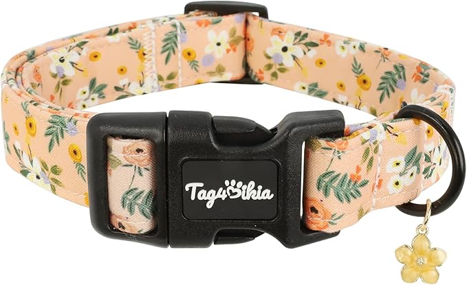 Dog Collar with Floral Patterns, Spring Summer Collection Orange Dog Collar with Exquisite Pendant, Durable Adjustable Collars for Gifts & Daily Use-S