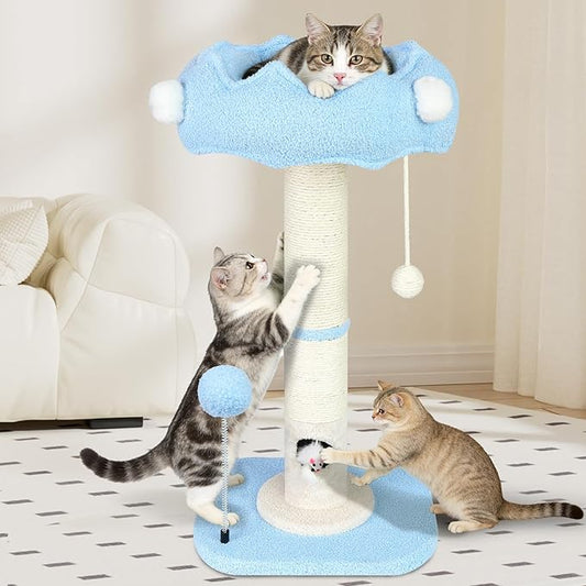 Tall Cat Scratching Post for Indoor Cats Adults, Cat Scratch Post with Sisal Rope Claw Scratcher, Solid Wood Cat Tower with Scratching Post and Cat Toys Mouse Hole, Cute Small Cat Tree, (Blue Sky)