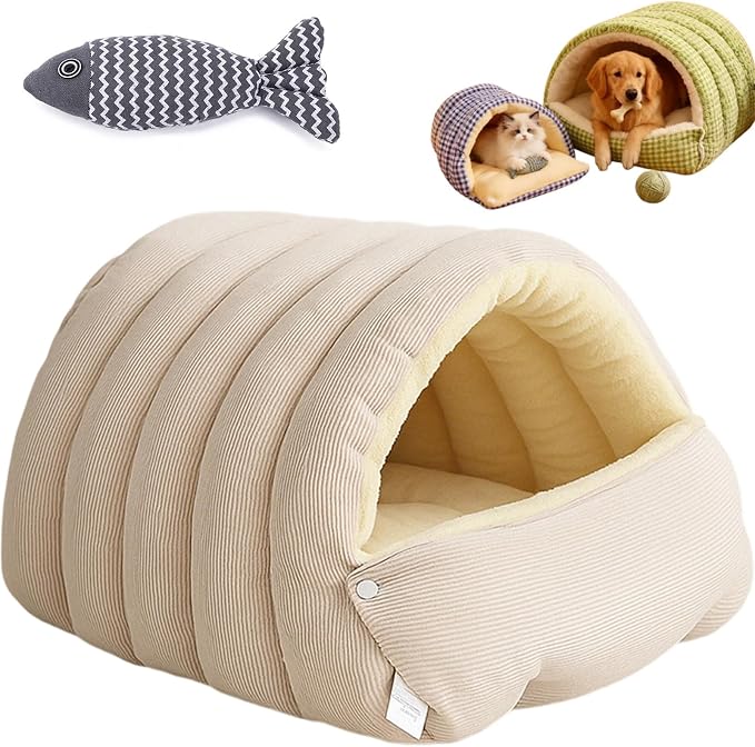 Pet Winter Cave, Warmth Cozy Comfort Plush Pet Cave, 360° Nesting Design, Snuggle Season Just Got Fluffier, Calming Plush Anti-Anxiety Cuddler Beds with Removable Cushioned (Beige,L)