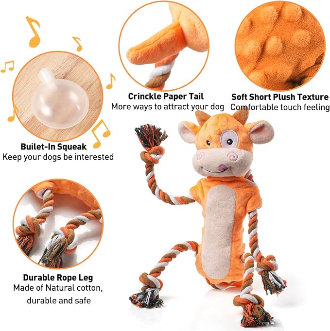 Sedioso Dog Toys, Tug of War Dog Toys for Large Breed, Cute Squeaky Interactive Dogs Toy with Crinkle Paper, Plush Puppy Chew Toy for Small, Middle, Big Dogs (Cow-SS)