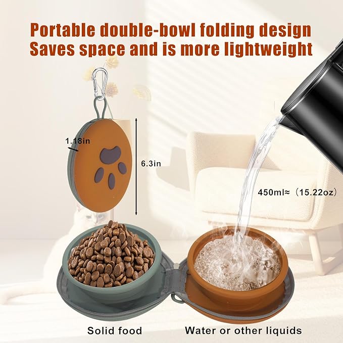 Collapsible Dog Bowls, 2-in-1 Silicone Pet Food and Water Bowl with Carabiner, Portable Double Compartment Dish for Travel, Camping, Hiking Puppy Essentials (A-Green Brown)