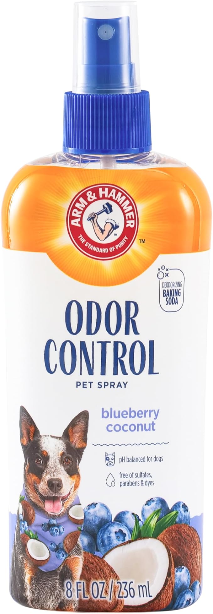 Arm & Hammer for Pets Odor Control Dog Spray with Baking Soda, Blueberry Coconut Scent, Dog Coat Deodorizer, pH Balanced, Free of Sulfates, Dyes and Parabens, 8 Fl Oz