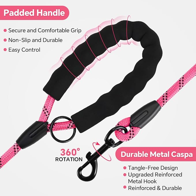 Heavy Duty Dog Leash - 4.9 FT for Large and Small Dogs - Strong Nylon, Comfortable Handle, Reflective Stitching - Ideal for Walking, Training, and Outdoor Activities, Pink