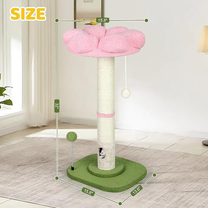 Tall Cat Scratching Post for Indoor Cats Adults, Cat Scratch Post with Sisal Rope Claw Scratcher, Solid Wood Cat Tower with Scratching Post and Cat Toys Mouse Hole, Flower Small Cat Tree (Pink Flower)