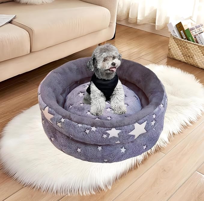 Dog Beds for Small Dogs -Cute Cat Beds for Indoor Cats Calming Pet Beds, Circle Orthopedic Cuddle Puppy Bed with Jacquard Shaggy Plush & Anti Slip Bottom，Dark Grey