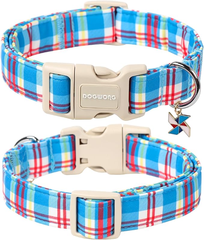 DOGWONG Blue Plaid Dog Collar- Cute Checkered Dog Collars Adjustable Designer Blue Puppy Dog Collar for Small Medium Large Dogs M