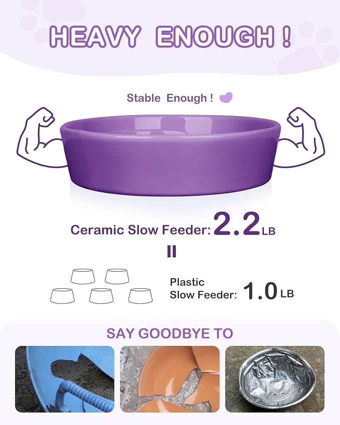 TRUVIC Ceramic Slow Feeder Dog Bowls, 1.5 Cup Puzzle Slow Feeder Bowls for Fast Eaters, Ceramic Dog Food Dish no Black Chin, Puzzle Bowl for Medium Dogs, Purple