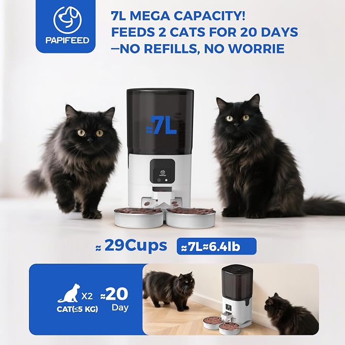PAPIFEED Automatic Cat Feeder 2 Cats, 2.4G WiFi Cat Food Dispenser with App, 7L Slow Feeder Timed Cat Feeder for Dry Food, 10 Meals/Day, 12 Portions/Meal, Smart Pet Feeder for Small Dog, White
