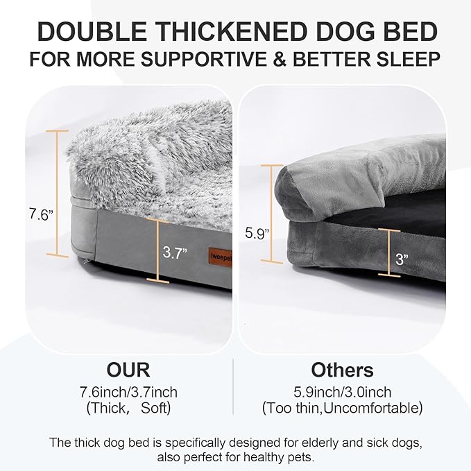 iweepet Fluffy Claiming Orthopedic Dog Beds for Medium & Large Dogs, Supportive Dog Sofa Bed with 3.7 inch 28D Egg-Crate Foam, Removable Washable Plush Cover, Waterproof Lining, 41'',Grey