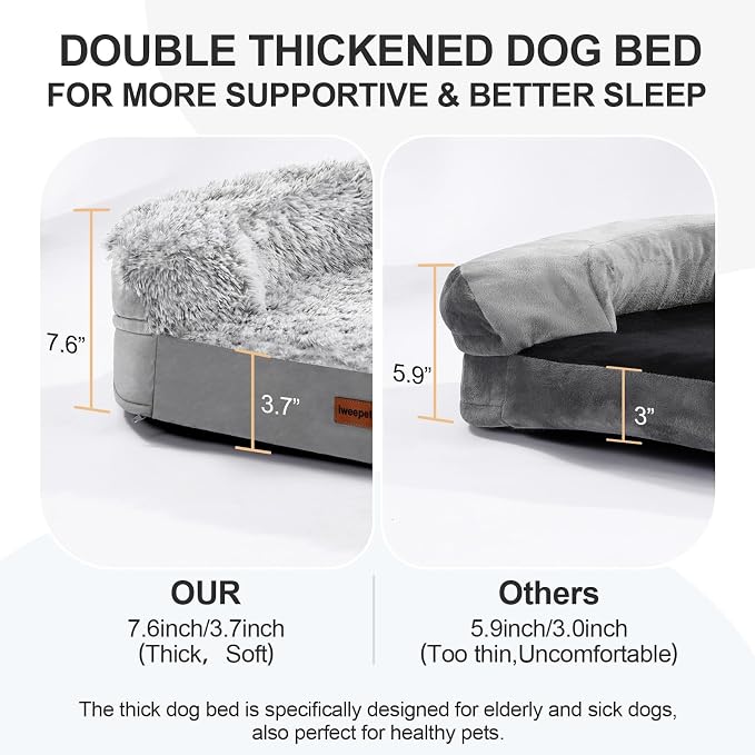 iweepet Fluffy Claiming Orthopedic Dog Beds for Large & Extra Large Dogs, Supportive Dog Sofa Bed with 3.7 inch 28D Egg-Crate Foam, Removable Washable Plush Cover, Waterproof Lining,44’’,Grey