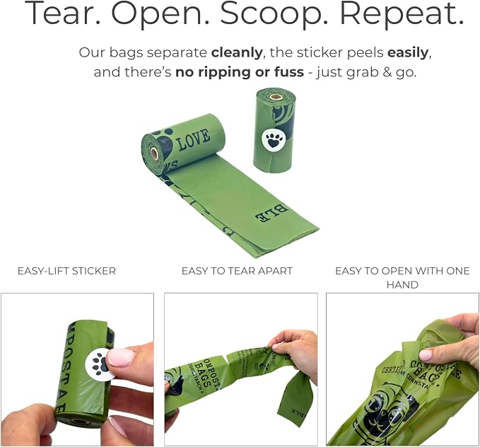 100% Certified Home Compostable Dog Poop Bags, Extra Thick, Plant-Based, Plastic-Free, Unscented, 240 Bags (16 Rolls), Leakproof & Easy Open