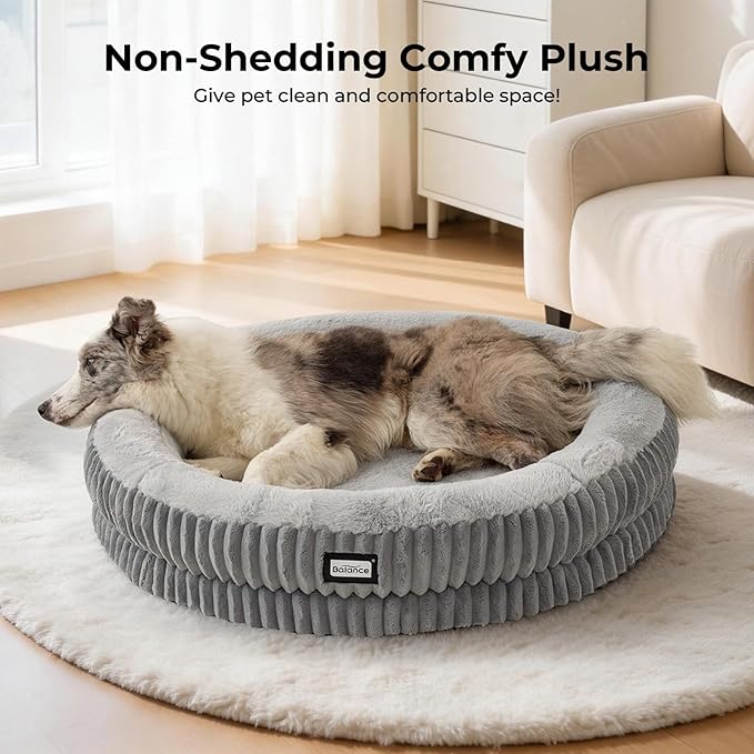 BALANCE Donut Dog Bed, 36 Inches Round Dog Bed Large Size Dogs Washable, Orthopedic Calming Dogs Beds for Pets, Fluffy Plush Faux Fur Pet Bed with Anti-Slip Bottom