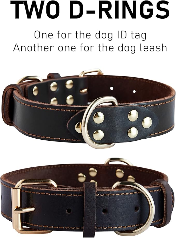 Genuine Leather Dog Collar, Heavy Duty Wide Dog Collar for Small, Medium,Large and Extra Large Dog (M: 1" Wide for 15.2"-19.2" Neck, Single Stitch - Brown)