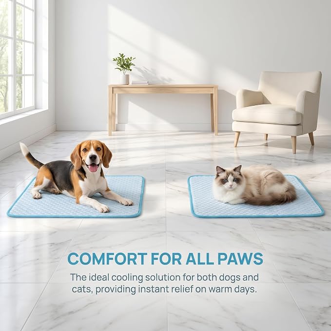 Dog Cooling Mat for Small & Medium Pets, 24"x20" (60x50cm) - Gel Free Ice Silk Self-Cooling Pad, Non-Slip Summer Pet Bed, Portable & Scratch Resistant, Blue