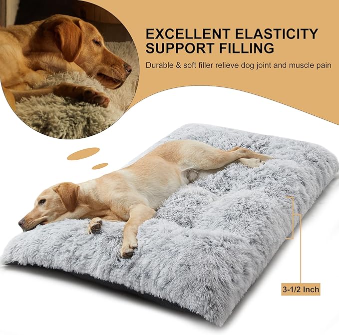 BFPETHOME Dog Beds for Large Dogs, Plush Dog Crate Bed Fluffy Cozy Kennel Pad for Sleeping &Ease Anxiety, Washable Pet Mats with Anti-Slip Bottom for Large Dogs, Grey