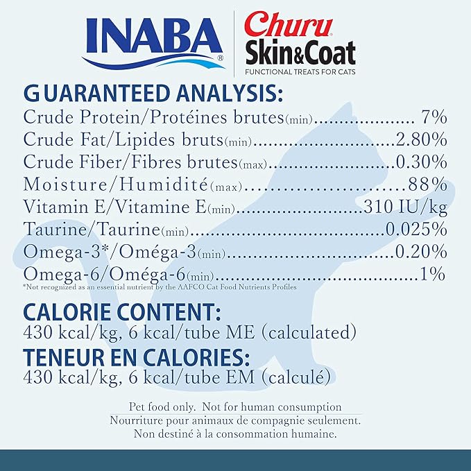 INABA Churu for Skin and Coat Lickable Purée Natural Cat Treats with Omega Oils, Taurine and Green Tea, 0.5 Ounces Each - 2 Flavor Variety Pack (24 Tubes)