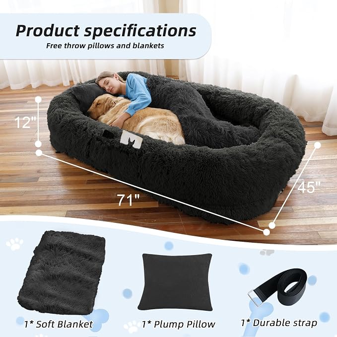 Human Dog Bed, 71''x45''x12'' Size Fits You and Pets, Washable Faux Fur Pet Bed for People Doze Off, Napping Orthopedic Dog Bed, Present Plump Pillow, Blanket, Strap - Black