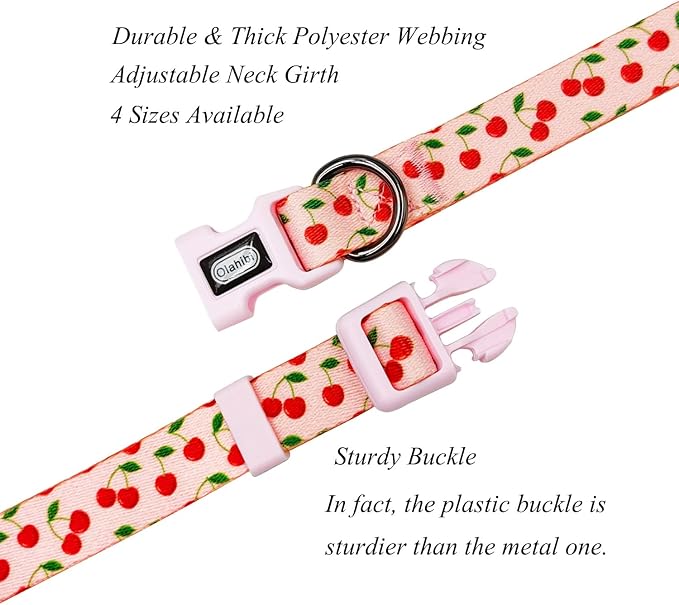 Dog Collar and Leash Set, Cute Cherry Pattern, Polyester Material, 5ft Leash, for Large Dogs.(Large,Pink Cherry)