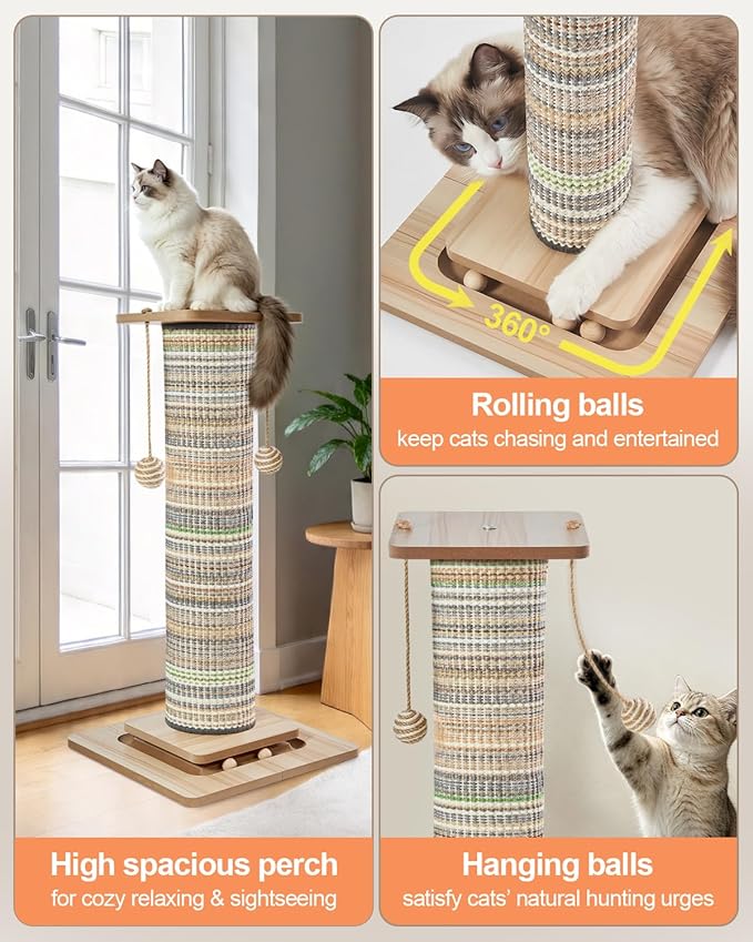 31" Extra Tall Cat Scratching Post, Natural Sisal Cat Scratcher for Indoor Cats Adults & Large Cats, Sturdy Wood Cat Tree Tower with Interactive Ball Track & Top Perch, Modern Design for Home Decor