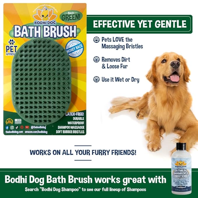 Bodhi Dog Shampoo Brush - Pet Grooming & Bath Supplies for Dogs and Cats - Bath Brush for Long & Short Hair - Premium Scrubber for Shower, Bathing & Massage (One Pack, Dark Green)