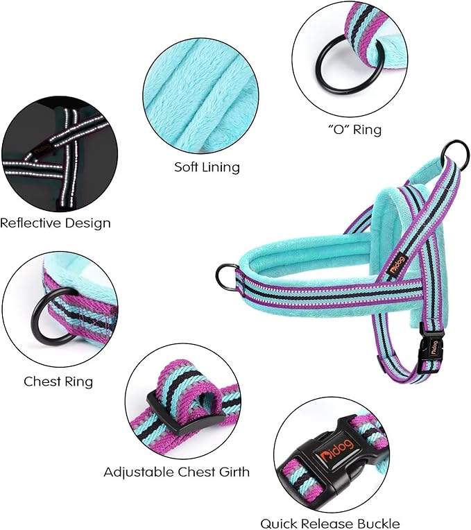 Didog Soft Flannel Padded Dog Vest Harness, No Pull/Quick Fit Reflective Dog Strap Harness, Easy for Training Walking (L:Chest 26-32", Mixed-Blue)
