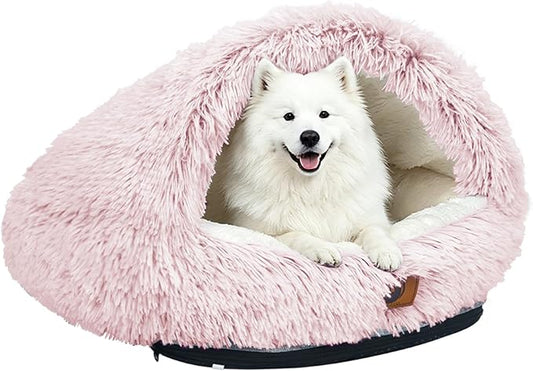 YooxArmor Washable Dog Bed, Windproof Round Hooded Cat Bed Cave for Small Medium Pets, Self Warming Anti-Anxiety House with Fluffy Cover (Pink-M)