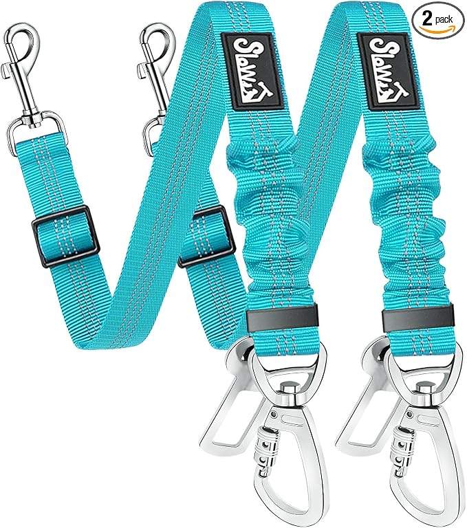SlowTon Dog Seatbelt, 2 Pack Dog Seat Belt Car Leash Adjustable Elastic Bungee Buffer Heavy Duty Nylon Reflective Pet Safety Tether Connect to Dog Harness for Travel Riding in Vehicle (Daul Clip, TB)