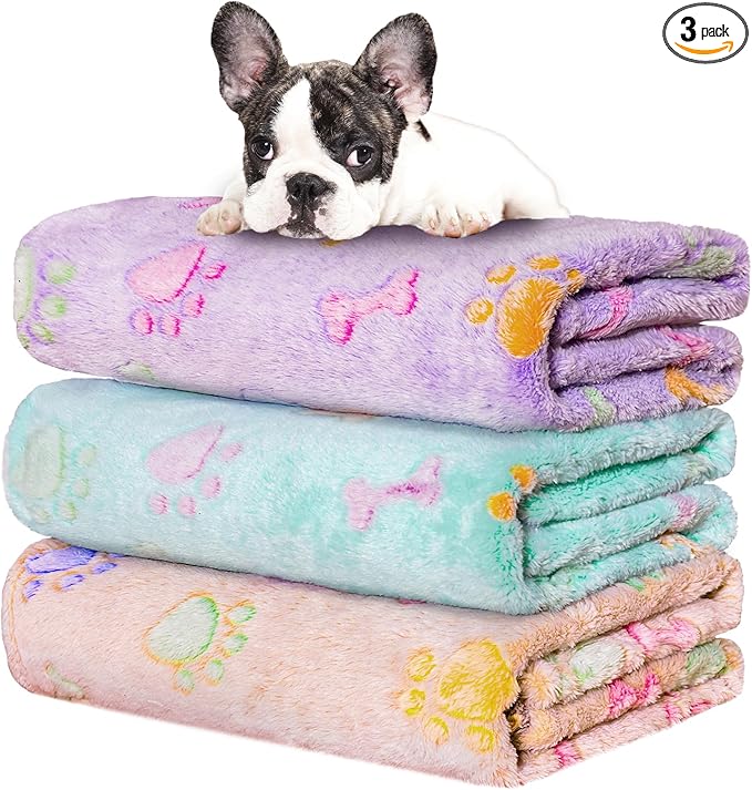 Rezutan 1 Pack 3 Dog Blankets for Small Pet Cat Super Soft Fluffy Premium Throw for Dog Kennels-Beds, Paw Print Blanket, 23x16inch,Purple/Green/Brown