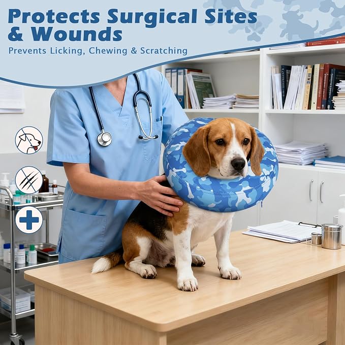 IEUUMLER Inflatable Recovery Dog Cone Collar, Neck Donut Protective ECollar, Adjustable Soft Collar for Dog and Cat After Surgery Prevent from Biting & Licking EU020 Blue Camo L+