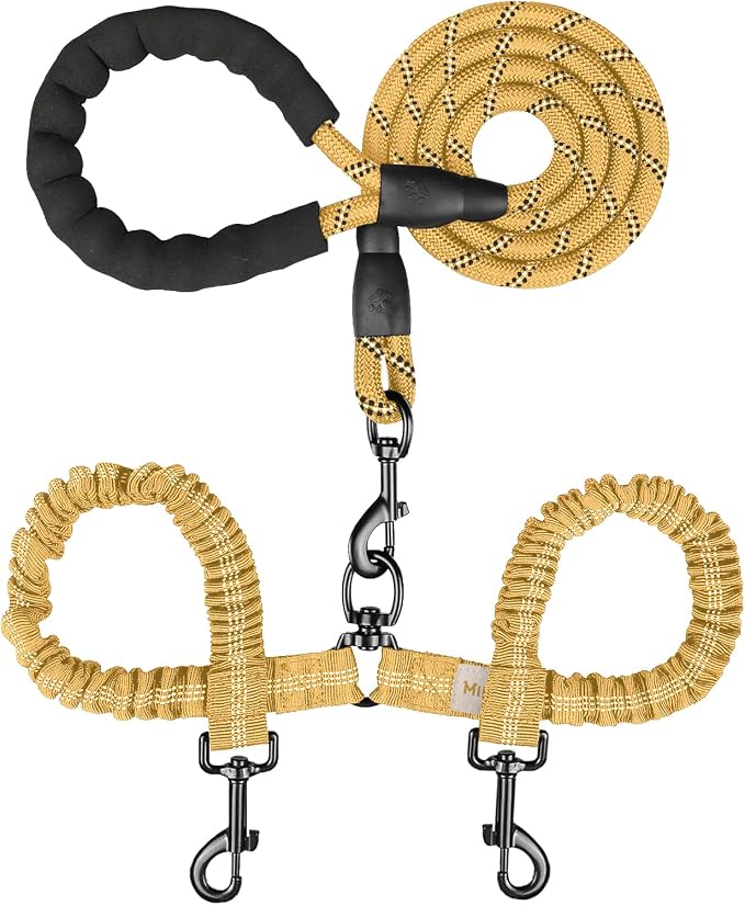 MingXpets Double Dog Leash, Dual Dog Leash, 360° Swivel Tangle Free Bungee Walking Training for Large Medium Dogs, Shock Absorbing Bungee Reflective for Two Dogs, 18~120 lbs, Yellow