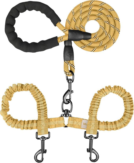 MingXpets Double Dog Leash, Dual Dog Leash, 360° Swivel Tangle Free Bungee Walking Training for Large Medium Dogs, Shock Absorbing Bungee Reflective for Two Dogs, 18~120 lbs, Yellow