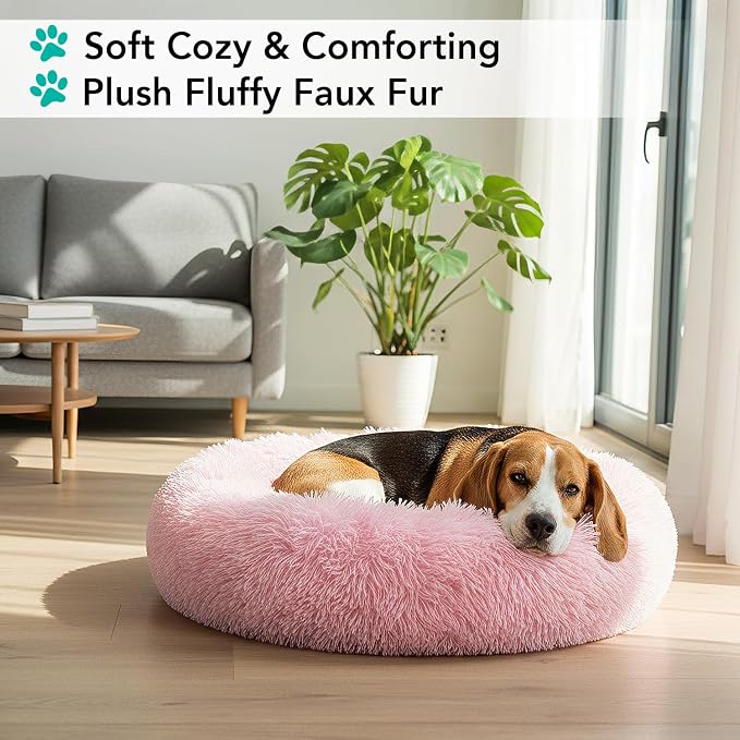 PetAmi Calming Dog Bed for Small & Medium Dogs, Cats & Puppy, Warming Round Donut Cuddler Bed, Anti-Anxiety Fluffy Shaggy Faux Fur Pet Bed, Machine Washable, Non-Slip Bottom, 30 Inch - Pink