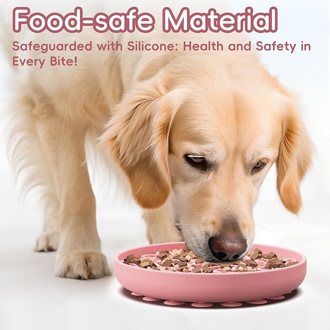 Silicone Slow Feeder Dog Bowl – Pink Bone Pattern | Food-Grade Non-Slip Dog Dish for Anti-Bloat, Fast Eating Prevention, 7.5” x 1.5”, Dishwasher Safe
