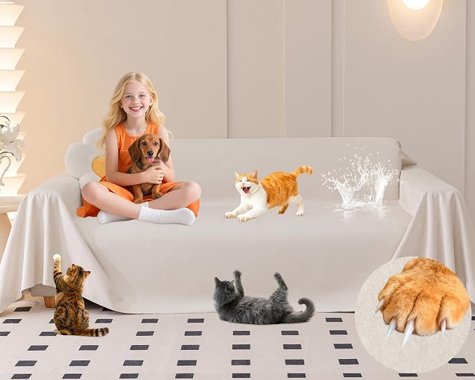 Loiion Velvet Sofa Cover, Ultra Soft Waterproof Non-Slip Couch Cover for Pets, Cat-Scratch Resistant Couch Cover, Pet & Kid Proof Scratch & Hair Resistant Washable Furniture Protector 150"X91" Beige