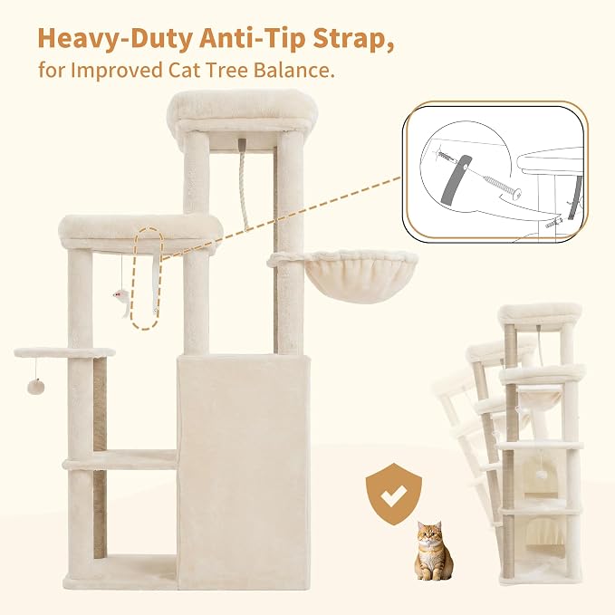 Heybly Cat Tree, 59.4" Secure Anti-Tip Cat Tower for Large Cats, Spacious Cat Furniture with Dual-Tier Cat Condo, 2 Top Perches, Hammock and Sisal Scratching Posts, Beige HCT055MJ