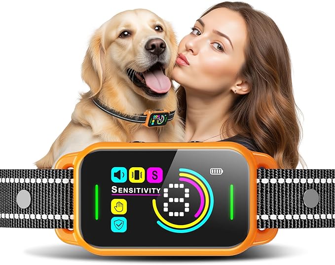 DINJOO Bark Collar for Large Medium Small Dogs - Smart AI 1S Stop Barking, Anti Barking Device & Dog Training Collar with Beep, Vibration & 8-Level Sensitivity, IP67 Waterproof - Pastel Orange
