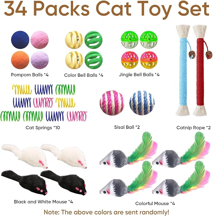 Cat Toys for Indoor Cats, 34 Packs Interactive Cat Toy Set with Colorful Springs Toys, Mouse Toy, Catnip Ropes, Balls, Bells, and Sisal Ball for Kitten Toys