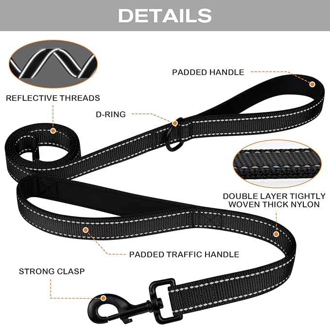 Joytale Dog Leash Heavy Duty for Large Dogs that Pull, Double Handle for Traffic Control, Double-Sided Reflective Leashes for Large Medium Dogs Night Safety, 6FT, Black