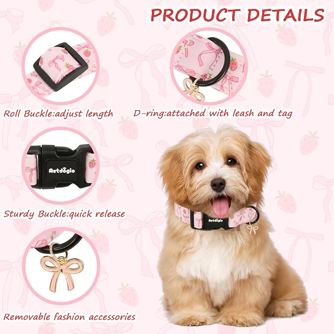 Small Dog Collar, Girl Boy Dog Collars with Pink Bow & Strawberry Pattern, Adjustable Cotton Pink Dog Collar for Small Dogs, Cute Holiday Collars for Dogs, Ideal for Pet Accessory