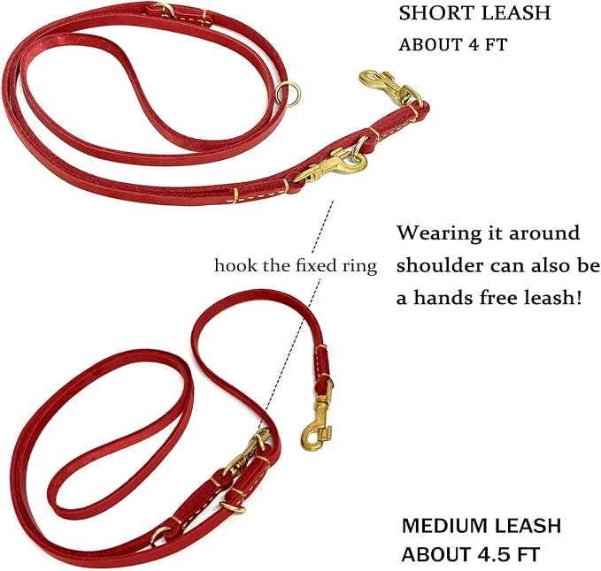 Multi Function 8ft Genuine Leather Hands Free Dog Training Leash for Puppy Small and Medium Dogs (8 Foot*3/8 inch, Red)