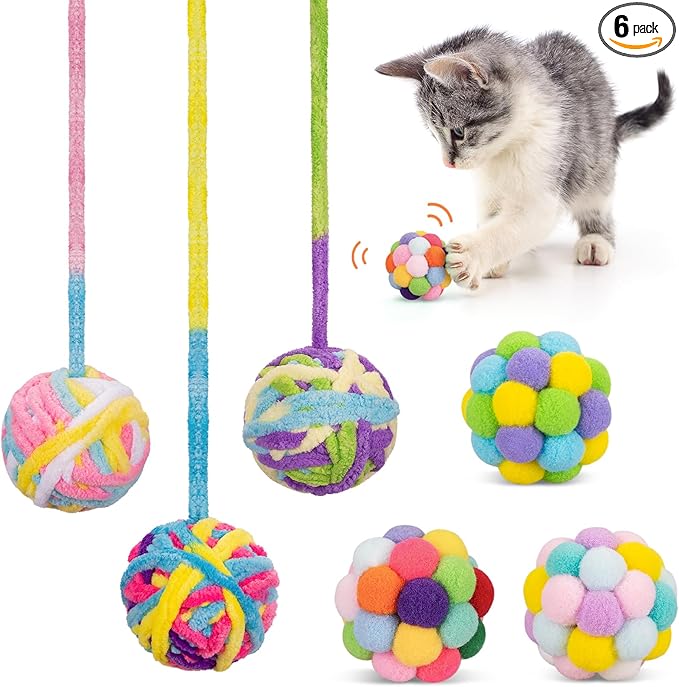 Retro Shaw Cat Toys Balls, 6Pcs Woolen Yarn Cat Balls with Bells Inside, Interactive Kitten Toys for Indoor Cats Kitty, Soft Pompom Jingle Ball with String Cat Nip Toys