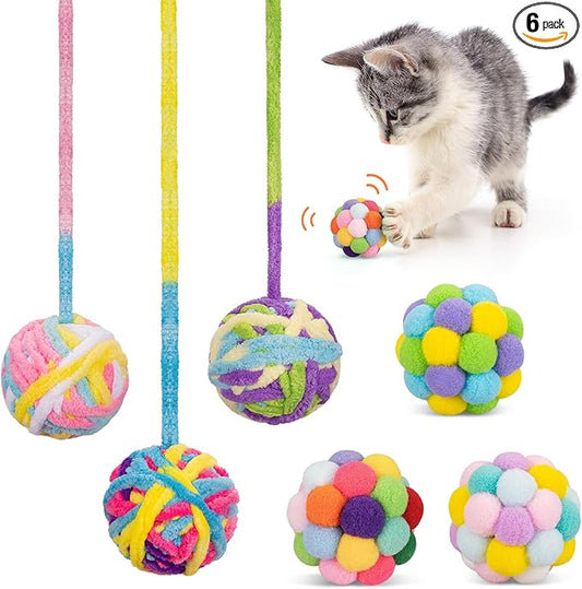 Retro Shaw Cat Toys Balls, 6Pcs Woolen Yarn Cat Balls with Bells Inside, Interactive Kitten Toys for Indoor Cats Kitty, Soft Pompom Jingle Ball with String Cat Nip Toys