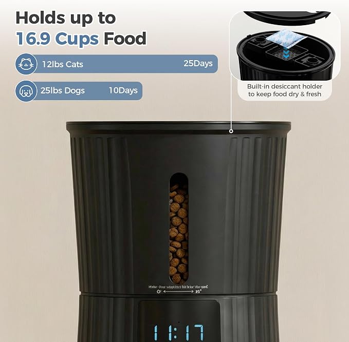 DUMOS Automatic Cat Feeder, 4L WiFi Timed Cat Food Dispenser with APP Control, 10s Voice Recorder, Dual Power Supply, Indoor Programmable Pet Feeder with Desiccant for Small Cats and Dogs, Black