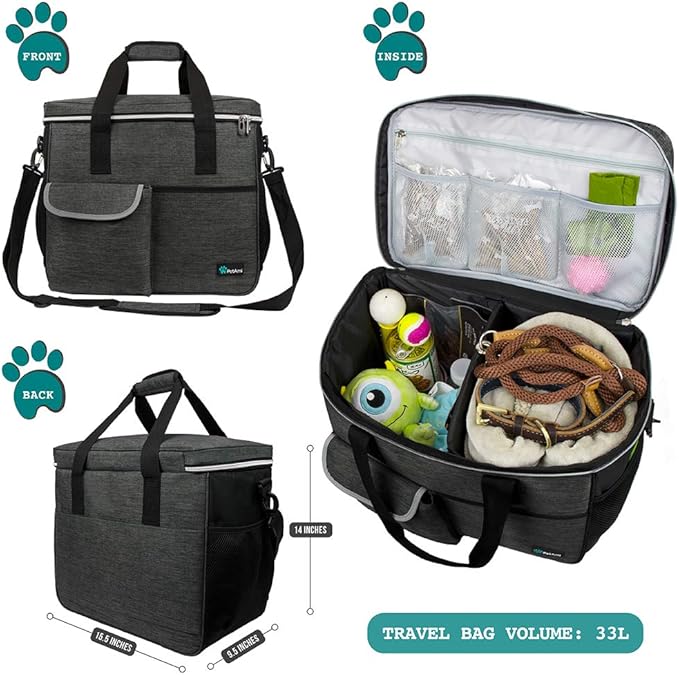 PetAmi Dog Travel Bag Organizer, Pet Travel Kit with 2 Food Containers & 2 Collapsible Dog Bowls, Pet Supplies Tote with Luggage Sleeve, Weekend Road Trip Camping Essentials, Dark Gray, Large