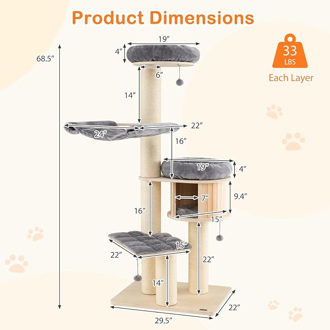 Tangkula Modern Cat Tree, Multi-Level Large Cat Tower with Condo, Hammocks & Hanging Basket, Tall Cat Tree with Sisal Posts, Washable Cushions, Wood Cat Trees and Towers for Indoor Large Cats